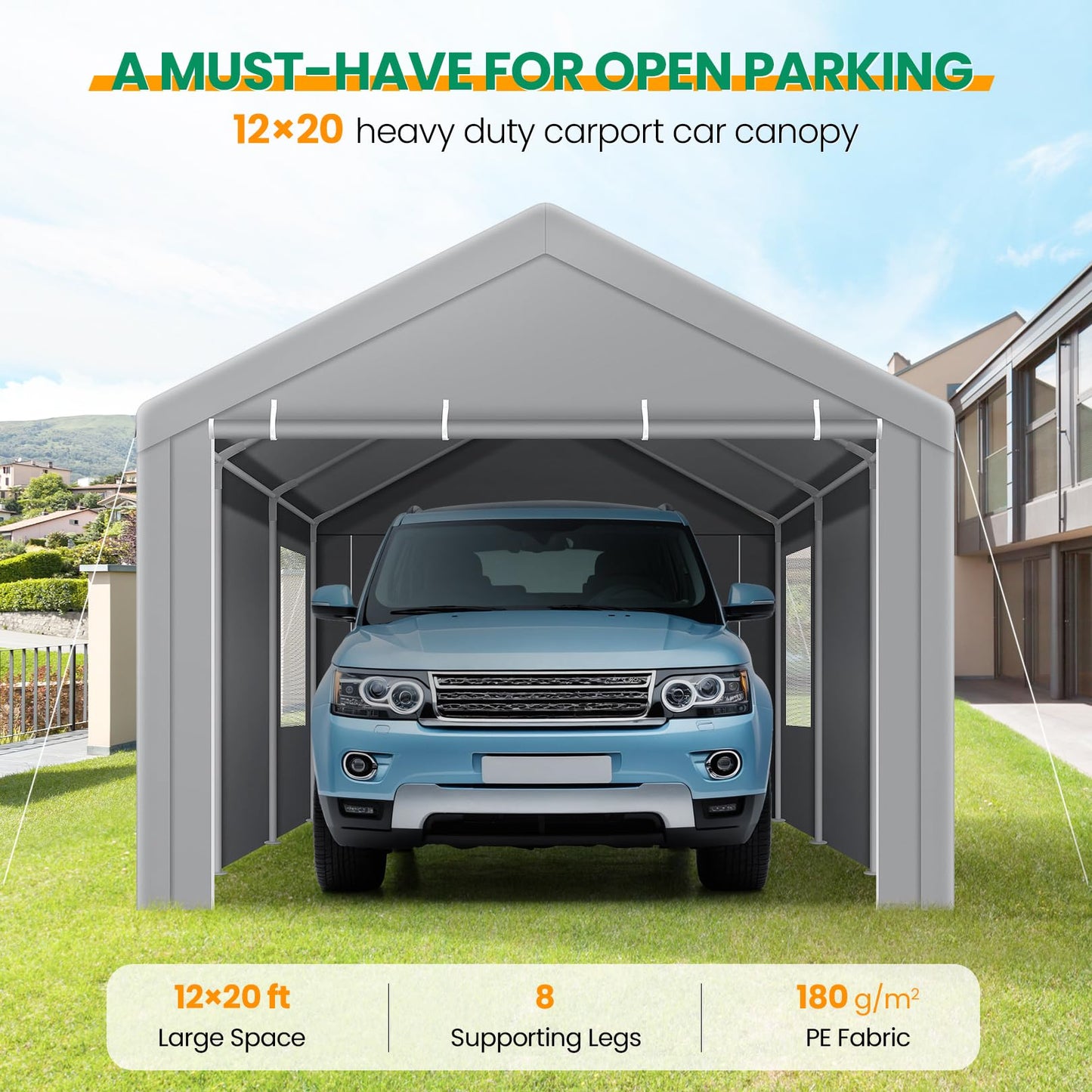 COBIZI Carport Canopy 12x20 Heavy Duty Portable Garage with Removable Sidewalls & Doors, Car Port Canopy Tent with Built-in Sandbags & All-Season Tarp for Car Boat Truck, Gray