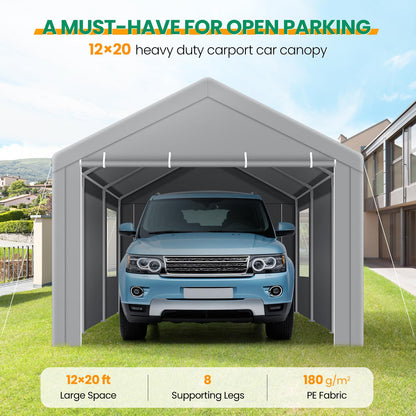 COBIZI Carport Canopy 12x20 Heavy Duty Portable Garage with Removable Sidewalls & Doors, Car Port Canopy Tent with Built-in Sandbags & All-Season Tarp for Car Boat Truck, Gray