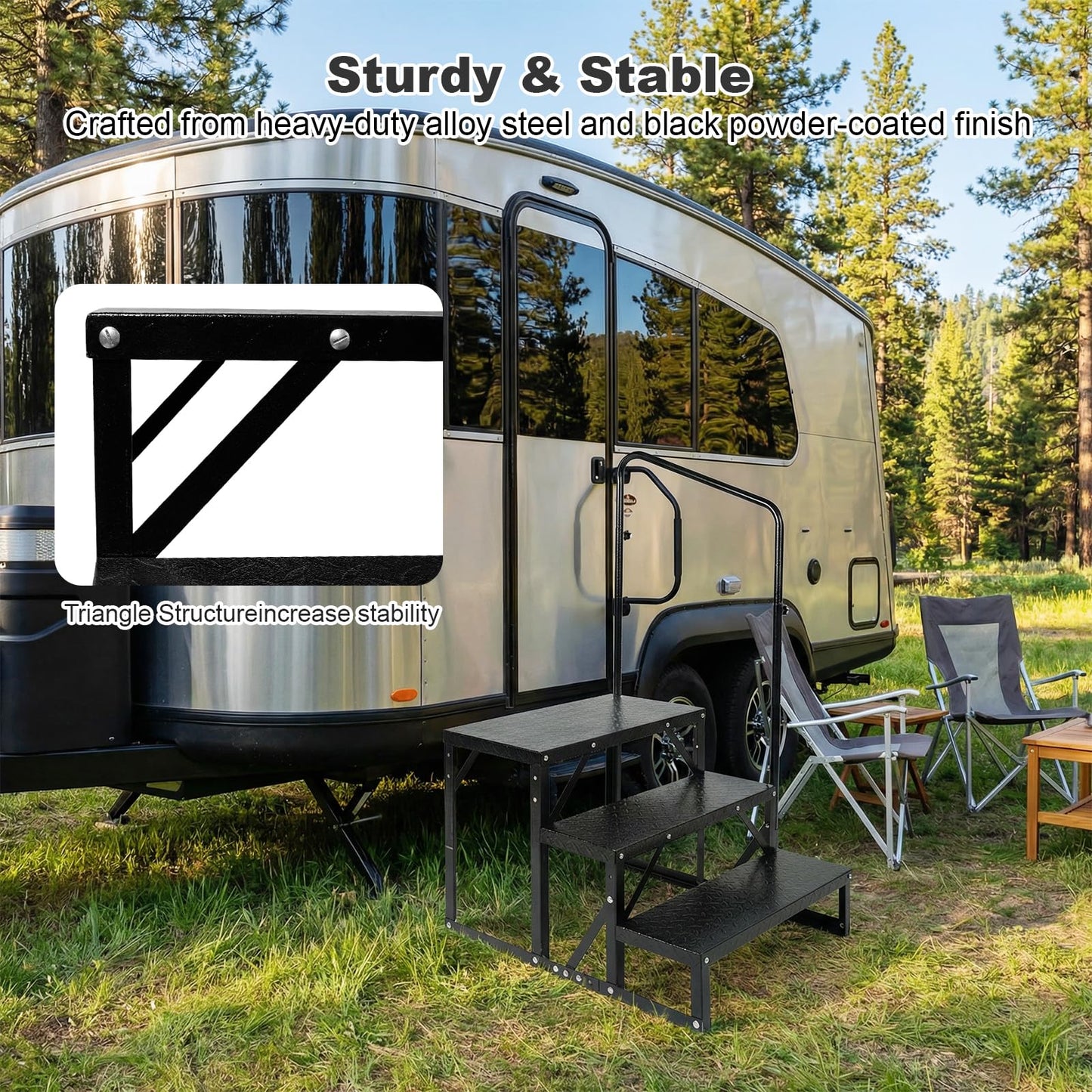 RV Steps with Handrail, 3 Step Heavy Duty Outdoor RV Stairs with Non-Slip Tread, Portable Travel Trailer Steps for Camper, Mobile Home, Hot Tub, 5th Wheel, Anti-Slip Platform