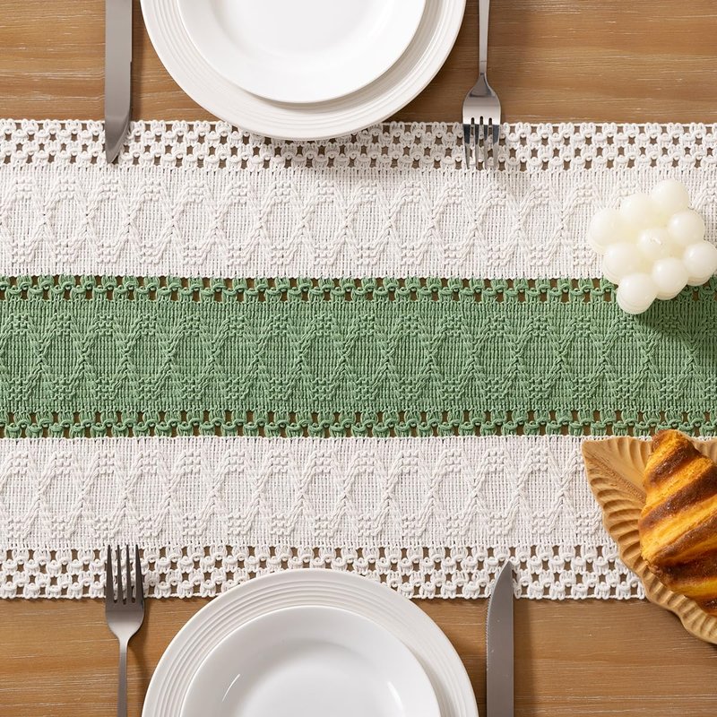 Socomi Boho Table Runner Summer Farmhouse Rustic Dining Kitchen Decor Small Macrame Woven Cotton Linen Coffee Table Runner for Dresser Scarf Home Decor 12x48 inch Sage Green Ivory