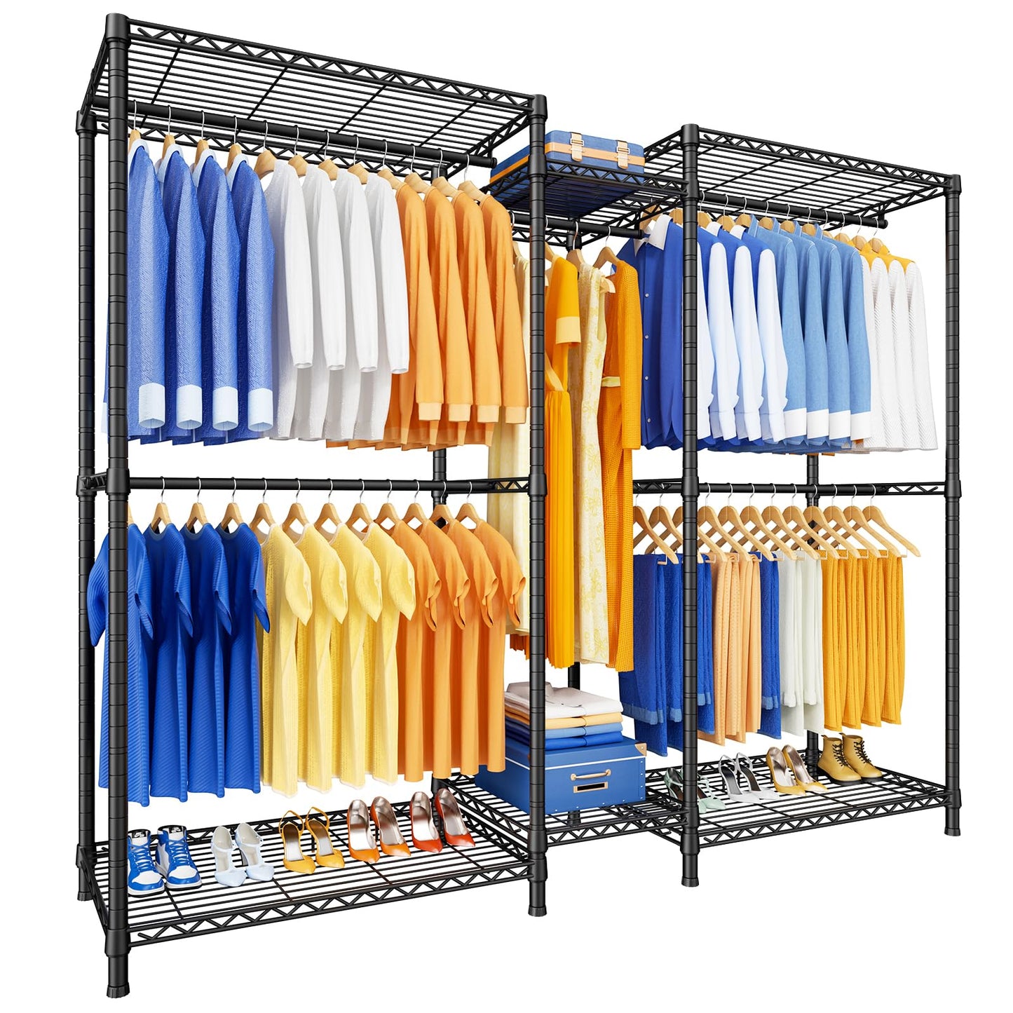 Ulif E12 Pro Clothes Rack，Heavy Duty Freestanding Garment Rack with Shelves，Metal Clothing Closet Storage System for Hanging Clothes，71" W x 16" D x 76.5" H, Hold 960 lbs，Black