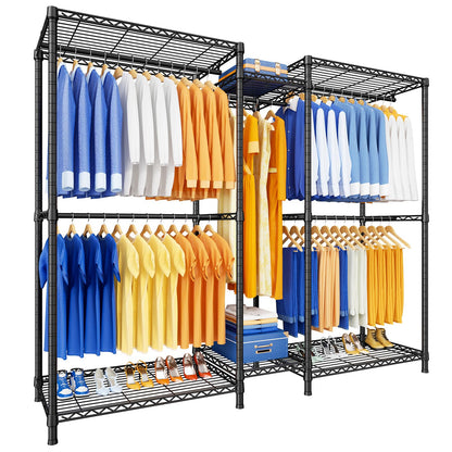 Ulif E12 Pro Clothes Rack，Heavy Duty Freestanding Garment Rack with Shelves，Metal Clothing Closet Storage System for Hanging Clothes，71" W x 16" D x 76.5" H, Hold 960 lbs，Black