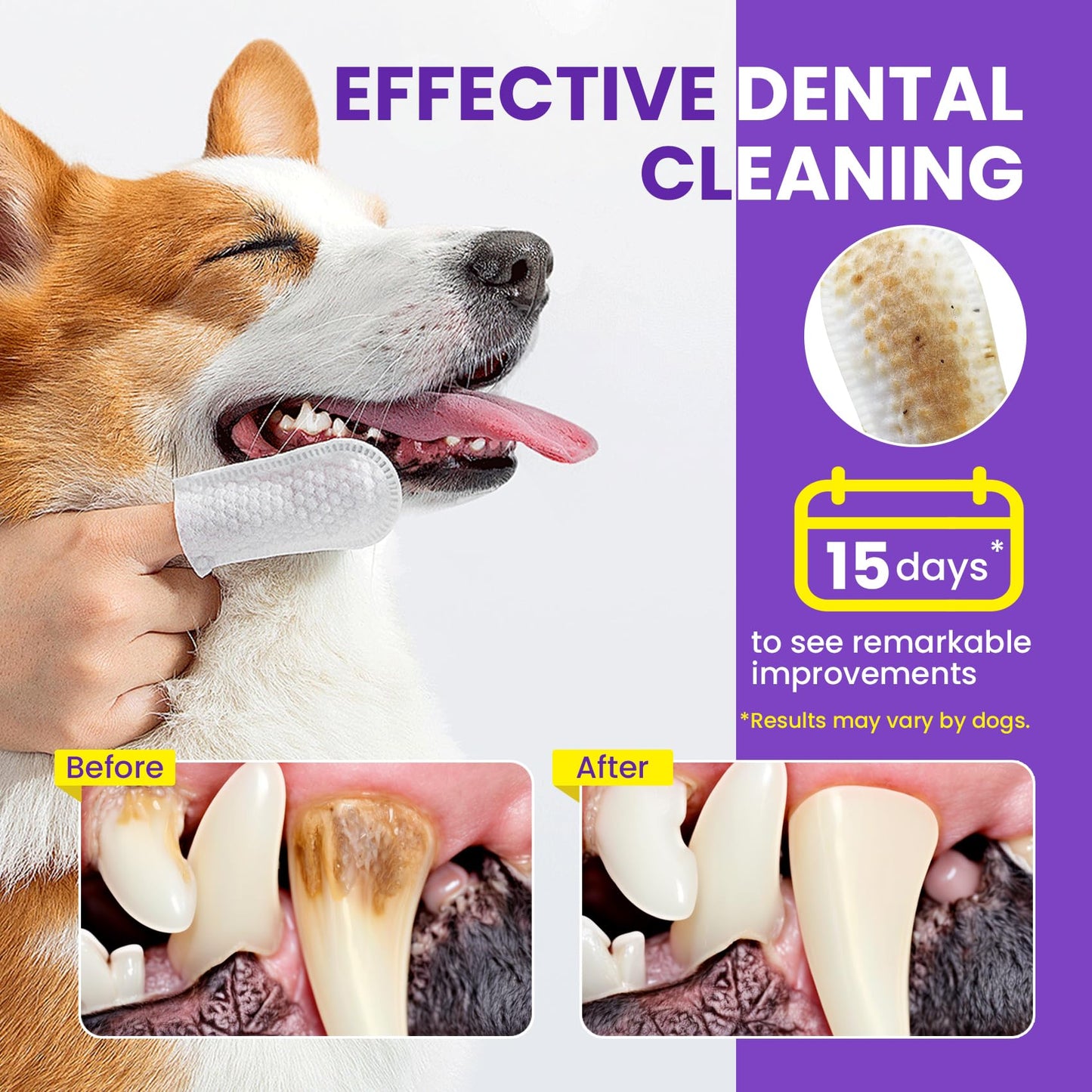 No-Rinse Dog Dental Care Wipes, Cat & Dog tooth brushing kit, Dog Wipes for Pet & Cat Teeth Cleaning, Dog toothbrush Finger Dental Wipes to Remove Plaque & Tartar, Disposable Dog Wipes - 50 Count