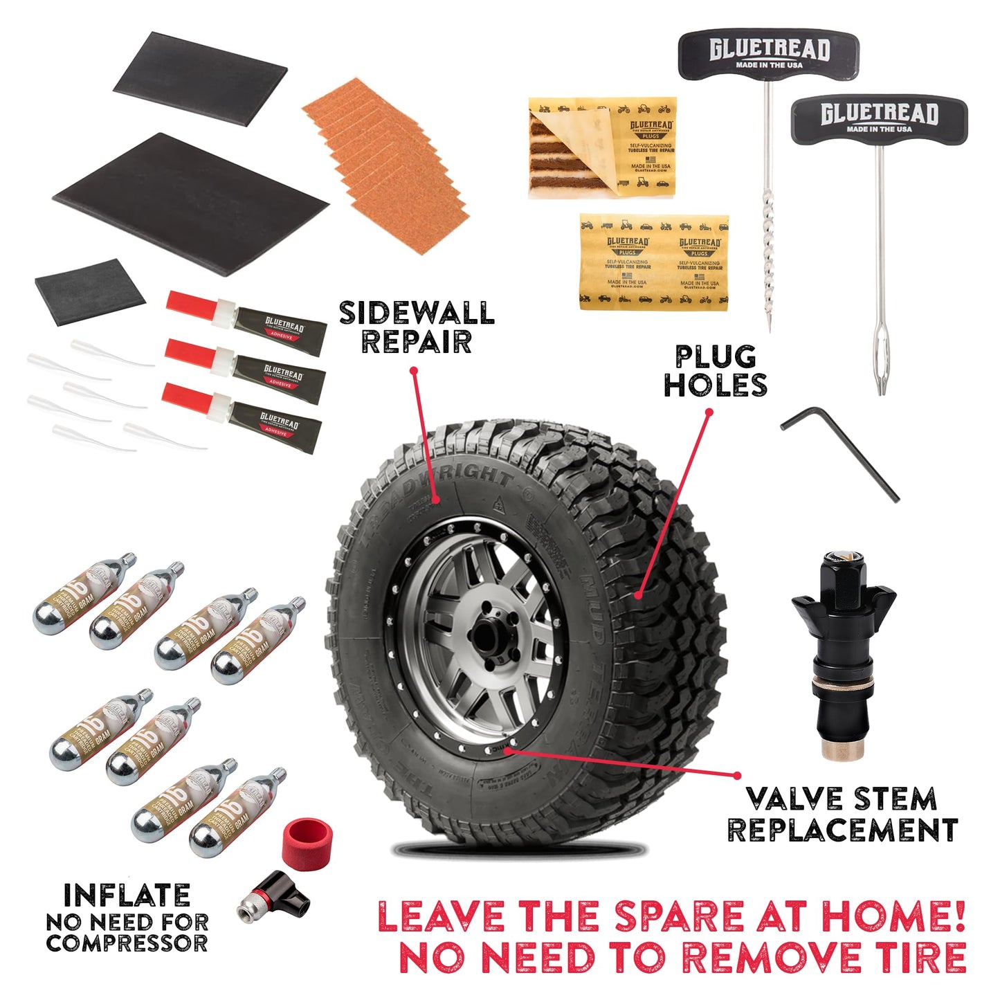 GlueTread SxS Pro Tire Repair Kit Ultimate Off-Road Tire Repair Kit Includes Sidewall Repair Patches, Colby Emergency Valve, Emergency Tire Plug Kit with 12 Plugs, T Handles and 8 CO2 Cartridges
