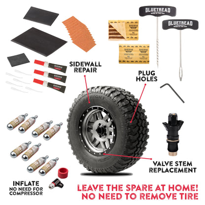 GlueTread SxS Pro Tire Repair Kit Ultimate Off-Road Tire Repair Kit Includes Sidewall Repair Patches, Colby Emergency Valve, Emergency Tire Plug Kit with 12 Plugs, T Handles and 8 CO2 Cartridges