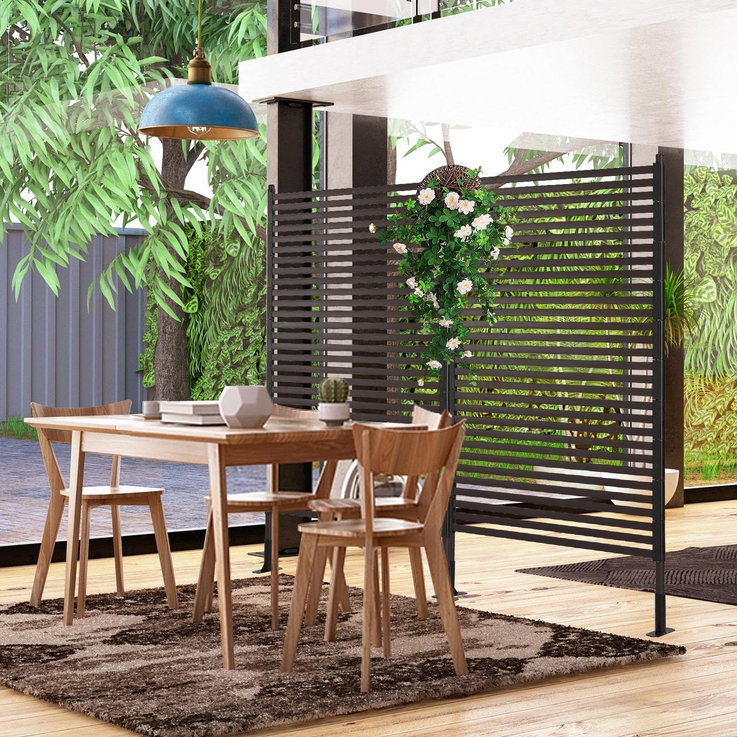 OTOSUNNY Metal Outdoor Privacy Screen with Stand, 4 ft W x 6 ft H PE-Coating Steel Pipes and Slats Panels, Decoative Privacy Screen Fence Panels Freestanding for Outside Patio Garden Backyard, Brown