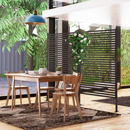OTOSUNNY Metal Outdoor Privacy Screen with Stand, 4 ft W x 6 ft H PE-Coating Steel Pipes and Slats Panels, Decoative Privacy Screen Fence Panels Freestanding for Outside Patio Garden Backyard, Brown