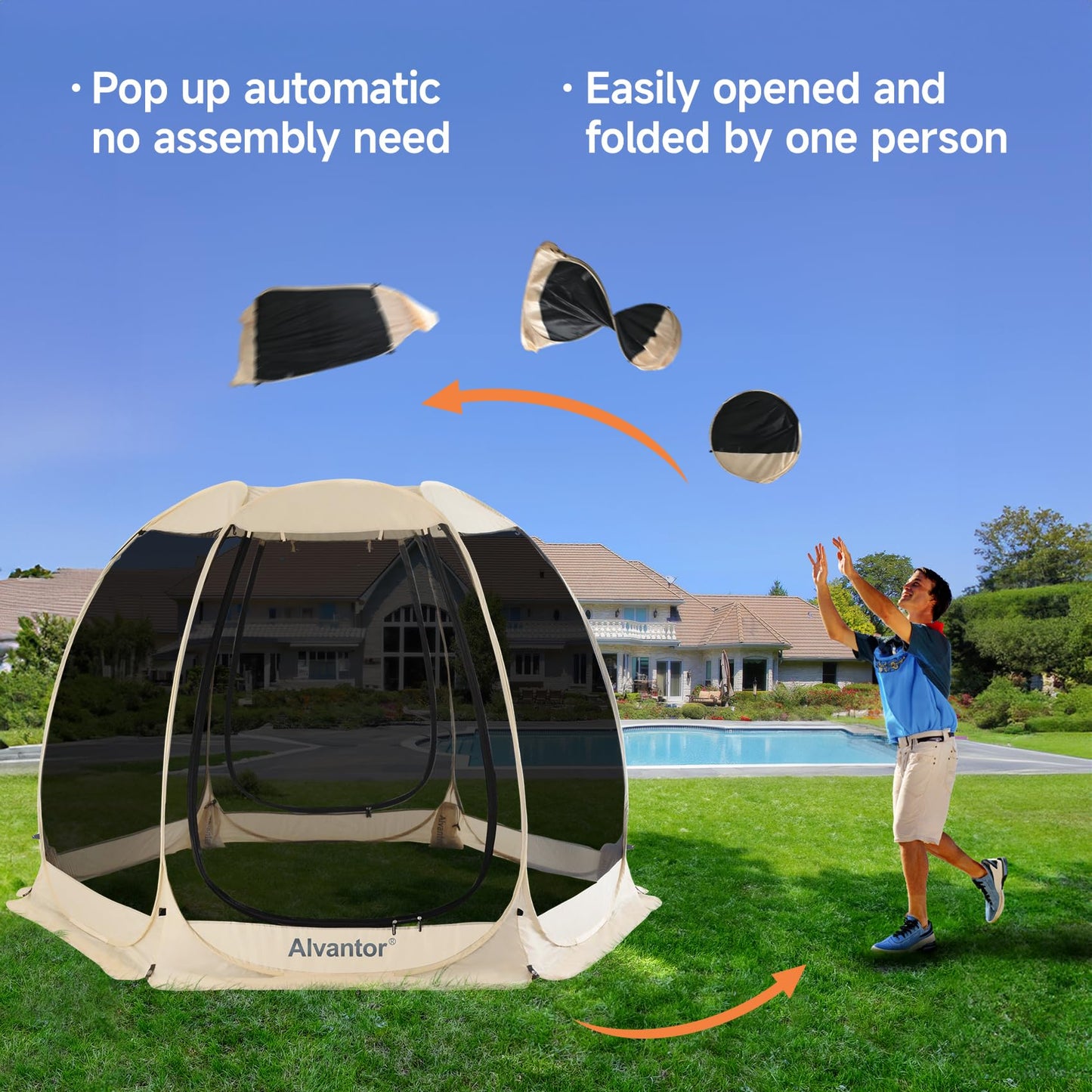 Alvantor® Screen House Room Camping Tent Outdoor Canopy Pop Up Sun Shade Hexagon Shelter Mesh Walls Not Waterproof 10'x10' Beige Patent Pending