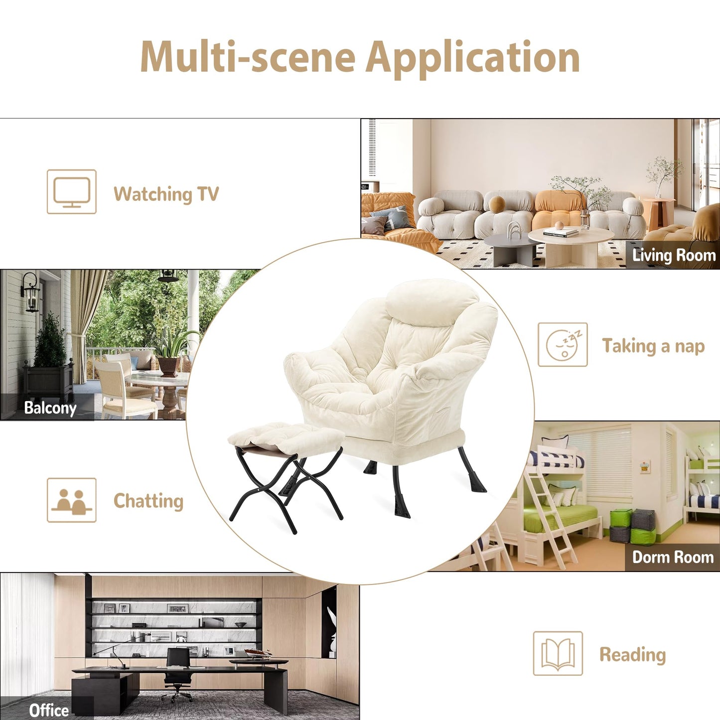 Youtanic Lazy Chair with Folding Ottoman, Accent Chair Plush Upholstered with Metal Structure and Non-Slip Pads, Sofa Armchair with Footrest and Side Storage Bag for Dorm, Room, Office, Beige