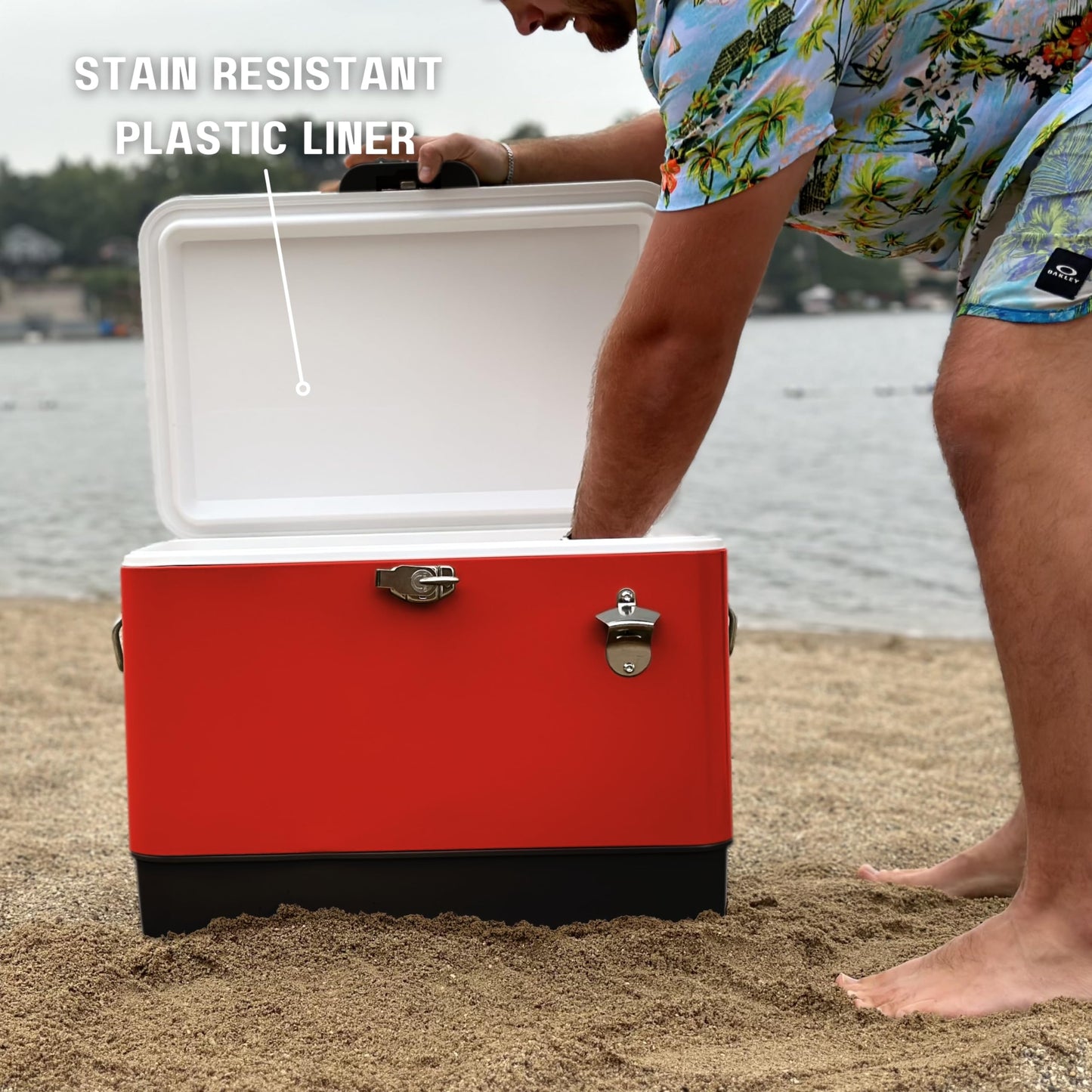 FSE Hard-Sided 54 Qt Metal Cooler, 80 Can Vintage Ice Chest, Durable Two-Tone Design with Latch Lid, Built-in Bottle Opener, Plastic Liner & Side Handles, Red/Black