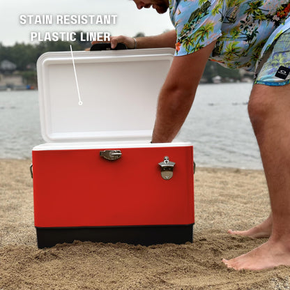 FSE Hard-Sided 54 Qt Metal Cooler, 80 Can Vintage Ice Chest, Durable Two-Tone Design with Latch Lid, Built-in Bottle Opener, Plastic Liner & Side Handles, Red/Black