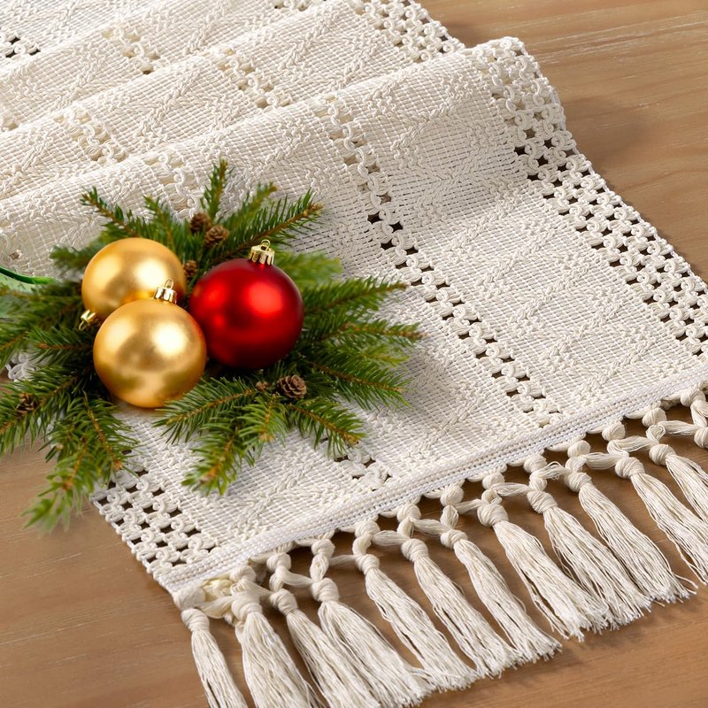 Socomi Boho Table Runner Summer Farmhouse Rustic Dining Kitchen Centerpiece Decor Small Macrame Woven Cotton Linen Coffee Table Runner for Dresser Scarf Home Decor