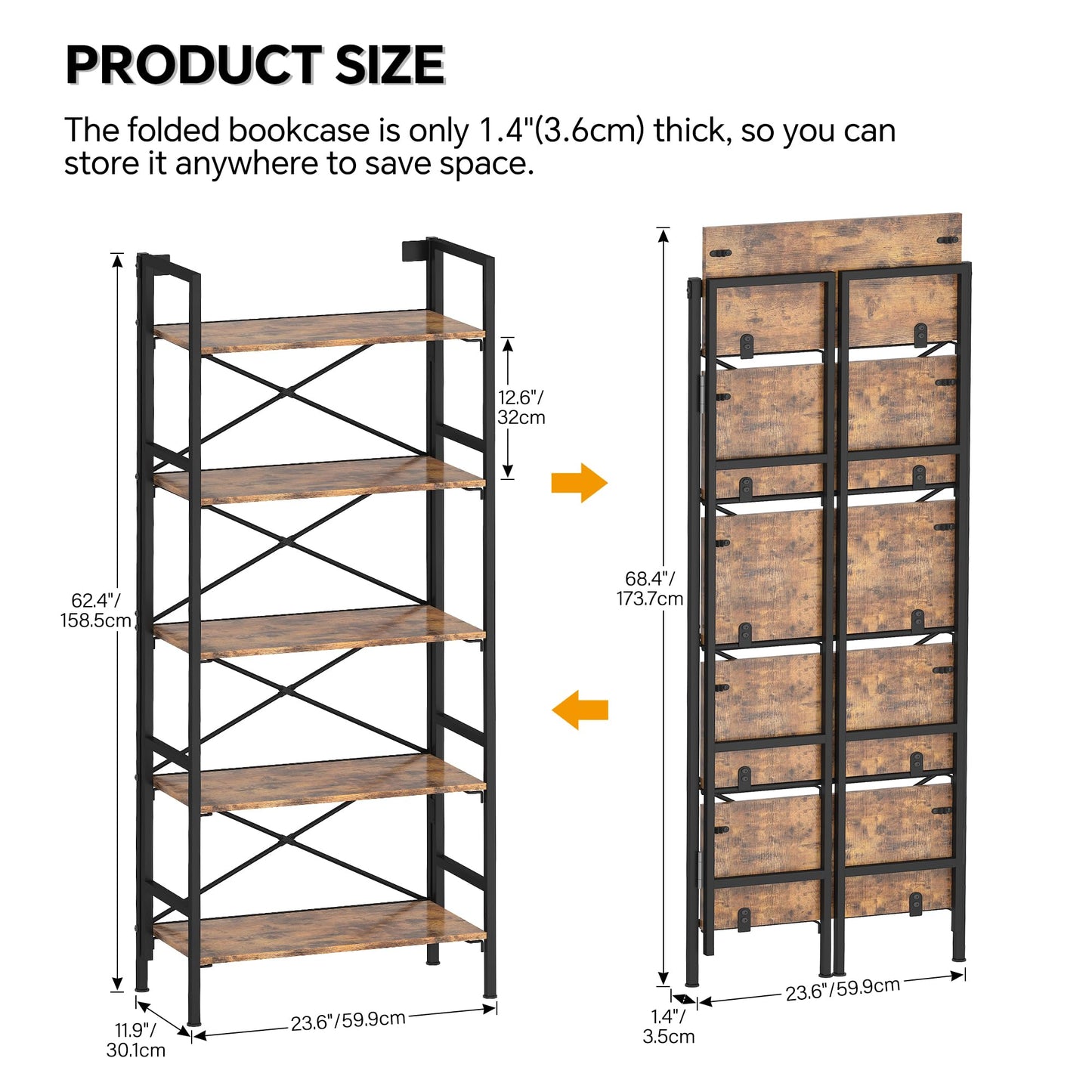 Homeiju Folding Bookshelf,5 Tier Bookcase Foldable Shelf with X-Bracket Design, Adjustable Feet, Space Saving Storage for Living Room, Office, Rustic Brown