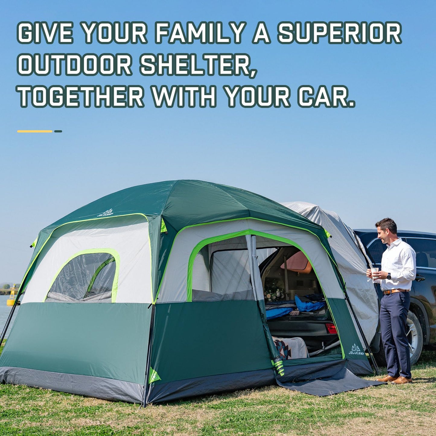 JELUCAMP SUV Tents for Camping 6 Person Waterproof, Car Family Camping Tent with Tailgate Attachment for SUV, Jeep, Truck with Cap, Easy Setup Large Tent for Outdoor Camping, Dark Green