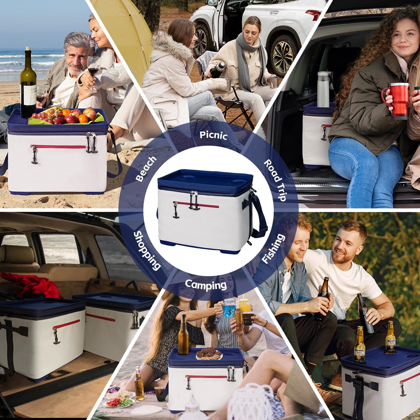 ADDIMOR 42 Can Collapsible Cooler Box, Versatile Insulated Leakproof Cooler Bag with Lids and 4 Cup Holder, Large Ice Chest for Beach Travel, Camping, Picnic