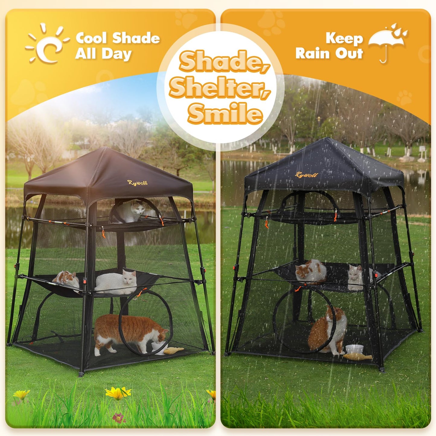 Extra Large Catio Outdoor Cat Enclosure, Rywell 3-Tier Spacious Outdoor Cat Tent, Weatherproof&Sunproof with 5 Windows, Foldable Cat Enclosure for Patio, Camping, Indoor(Includes Carry Bag)