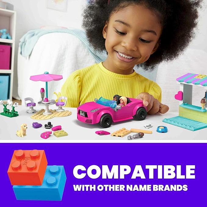 MEGA Barbie Kids Building Toy Set Convertible &amp Ice Cream Stand with 226 Pieces 2 Micro-Dolls and Accessories Pink Ages 6+ Years