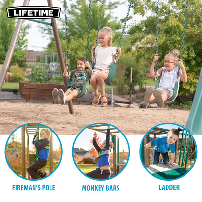 Lifetime Monkey Bar Adventure Swing Set, Outdoor Playset with Monkey Bars, 3 Swings, Trapeze Bar, Slide, Fireman’s Pole, UV‑Resistant Powder‑Coated Steel, Backyard Playground for Kids