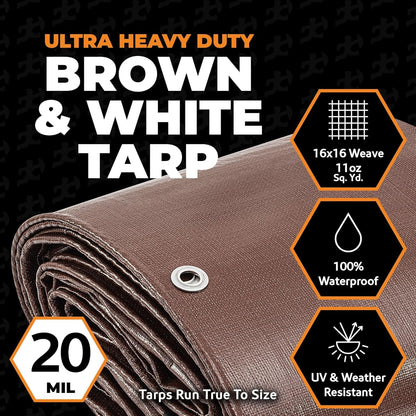 Xpose Safety 15' x 15' Brown/White Ultra Heavy Duty Tarp - 20 Mil - Heavy Duty Waterproof - Extra Large Tarp,Waterproof Tarp Cover Rain Camping,Tent Tarp,UV Protection,Reinforced Corners