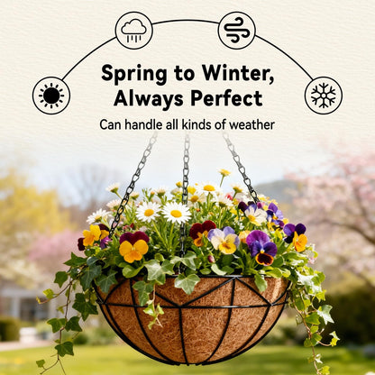 Halatool 4 Pack 14 Inch Hanging Baskets for Outdoor Plants, Heavy Duty Basket with Coco Liners, Rust-Proof Hanging Planters for Patio Fence Balcony Decor Trailing Vines Ferns Succulents Herbs