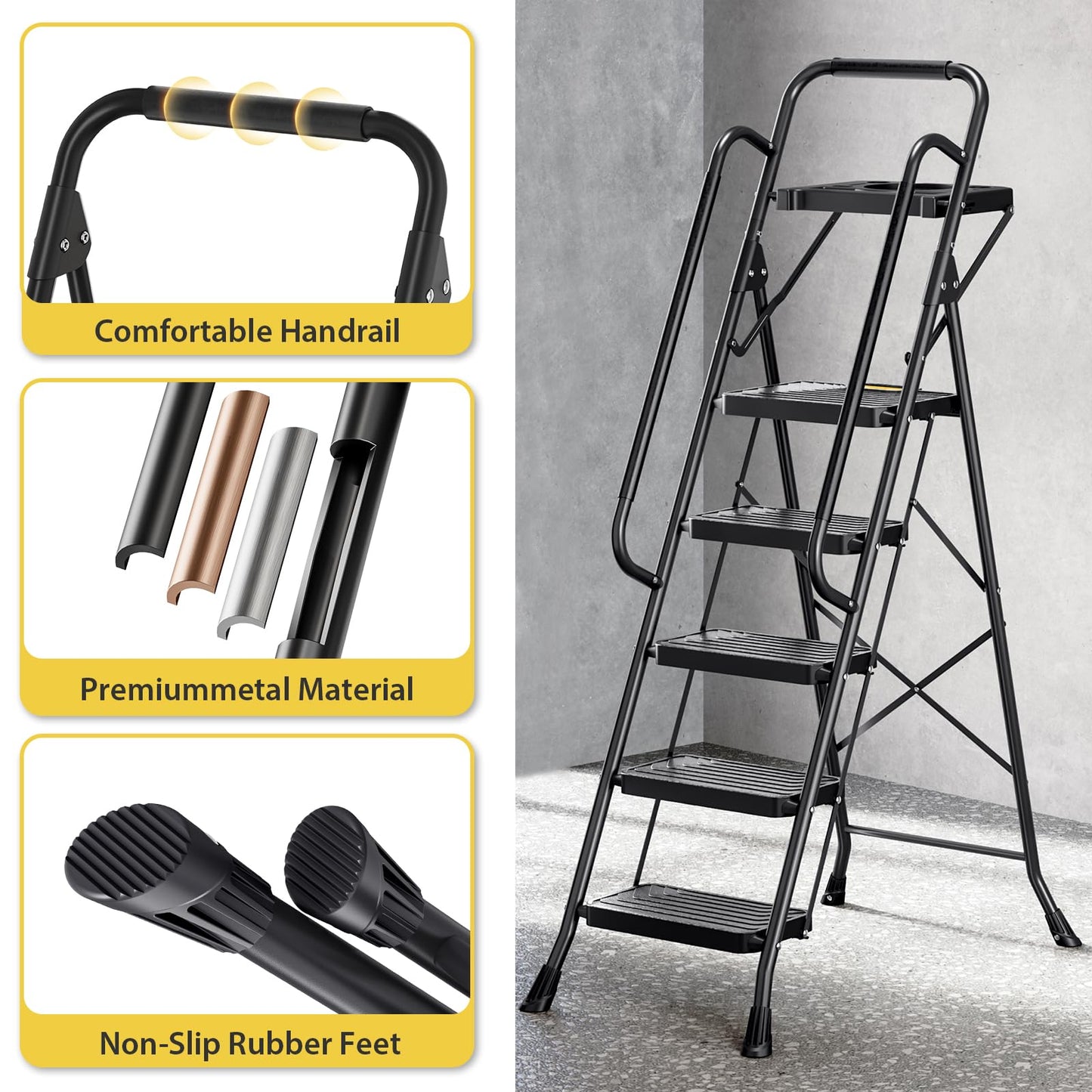 KINGRACK 5 Step Ladder, Sturdy Steel Step Stool with Anti-Slip Wide Pedals, Handrail, Safe-Lock Design, Pass 800lbs Load Testing, Folding Portable Ladder for Multi-Purpose, Home, Kitchen, Black