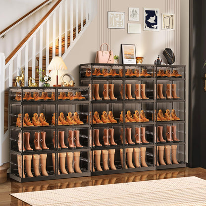 CIMLORD 5-Tier Foldable Shoe Rack for Closet Entryway 10-20Pairs,Stackable Clear Shoe Storage Boxes Organizer with Door Plastic Shoe Cabinet Bins with Lids Shoes Shelf Easy Assembly Large Black