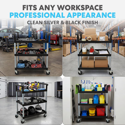 Simpli-Magic Rolling Utility Cart on Wheels, Heavy Duty Multi-Purpose Service Cart, Silver & Black, Garage, Warehouse & Commercial Use