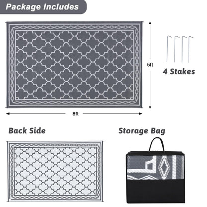 GlowSol Reversible Outdoor Rug 9x12 ft Clearance, Waterproof Outdoor Plastic Straw Rug with Carry Bag, Modern Geometric Patio Rug,RV Mat for Porch,Deck,Backyard,Camping,Balcony,Deck,Backyard,Grey