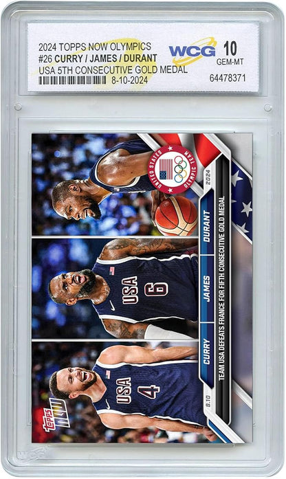 2024 Topps Now Steph Curry - Lebron James - Kevin Durant Triple Image Card #26 Olympic USA Gold Medal - Certified Gem Mint 10