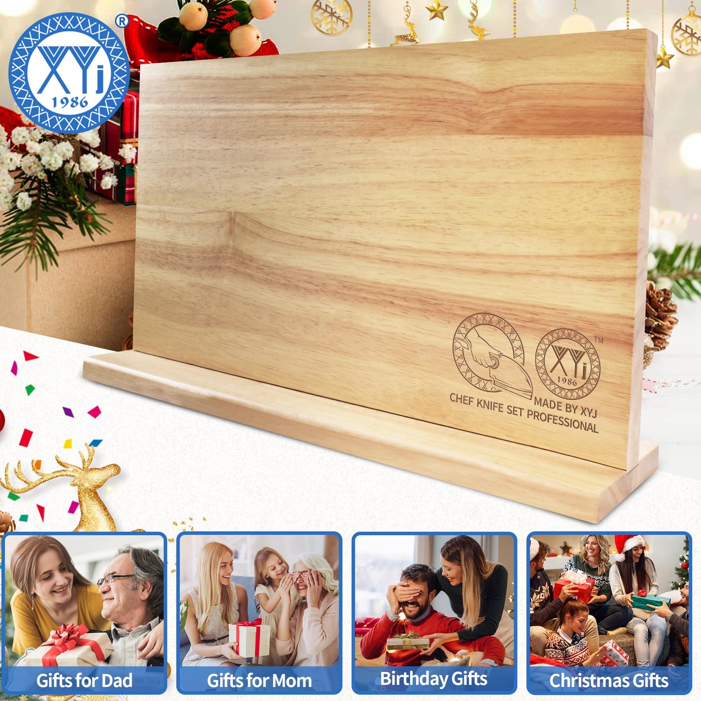XYJ Authentic Since 1986, Magnetic Knife Block, Double Side Kitchen Knife Stand, Acacia Wood, Magnetic Knife Holder with Strong Enhanced Magnets,Knives Storage Rack Stand for Home Kitchen