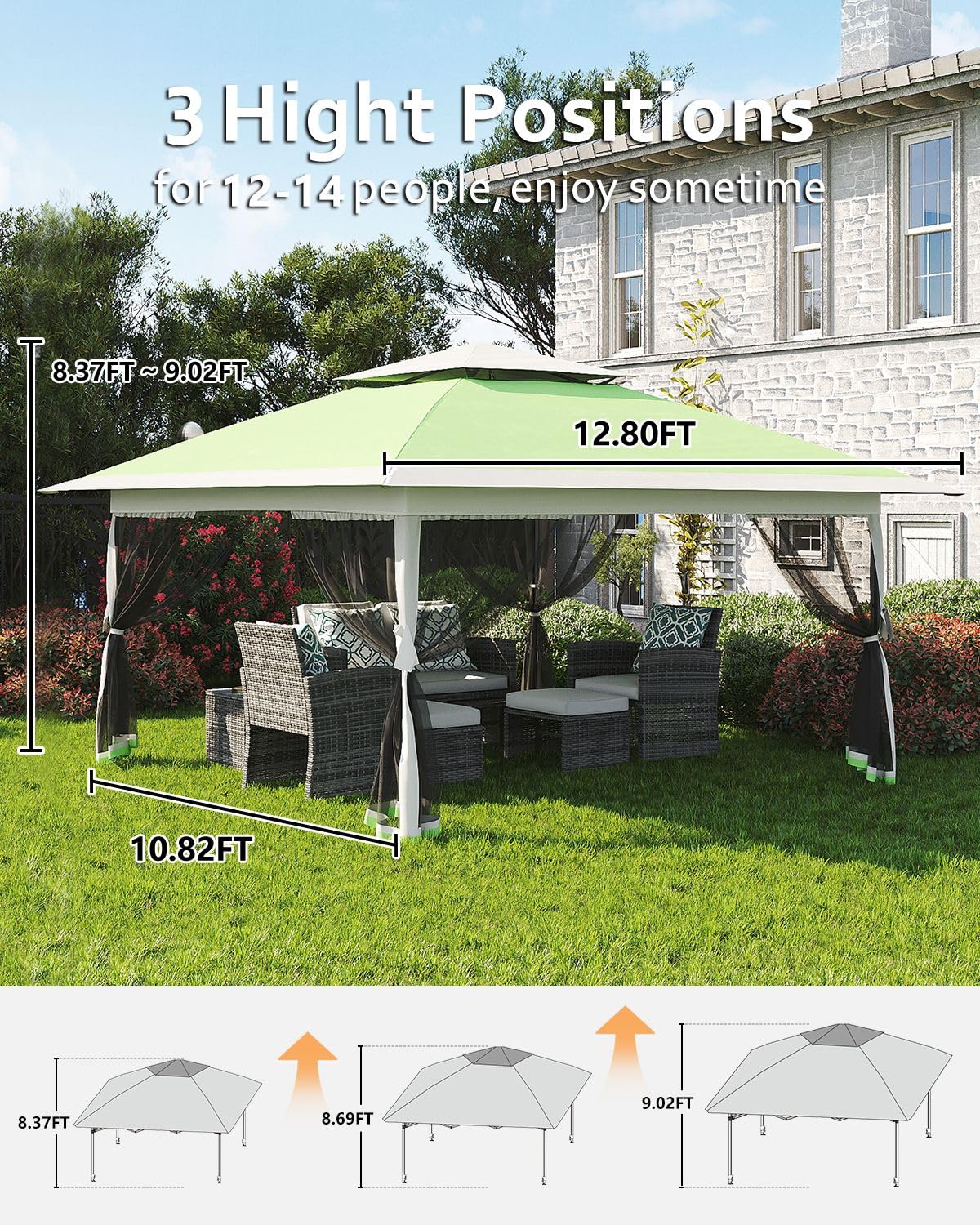Garveelife Canopy Tent 13x13, Pop Up Gazebo Tent Easy Setup with 4 Sand Bags for Backyard Garden Patio, Mosquito Netting & Height Adjustable - Olive Green