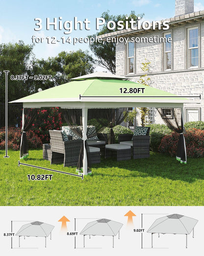 Garveelife Canopy Tent 13x13, Pop Up Gazebo Tent Easy Setup with 4 Sand Bags for Backyard Garden Patio, Mosquito Netting & Height Adjustable - Olive Green