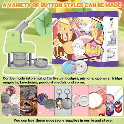 Green 58mm (2.25in) 5th Gen Button Maker Machine - Installation-Free DIY Pin Badge Press with Free Button Parts, Circle Cutter, Cutting Mat, Color Film & Pictures