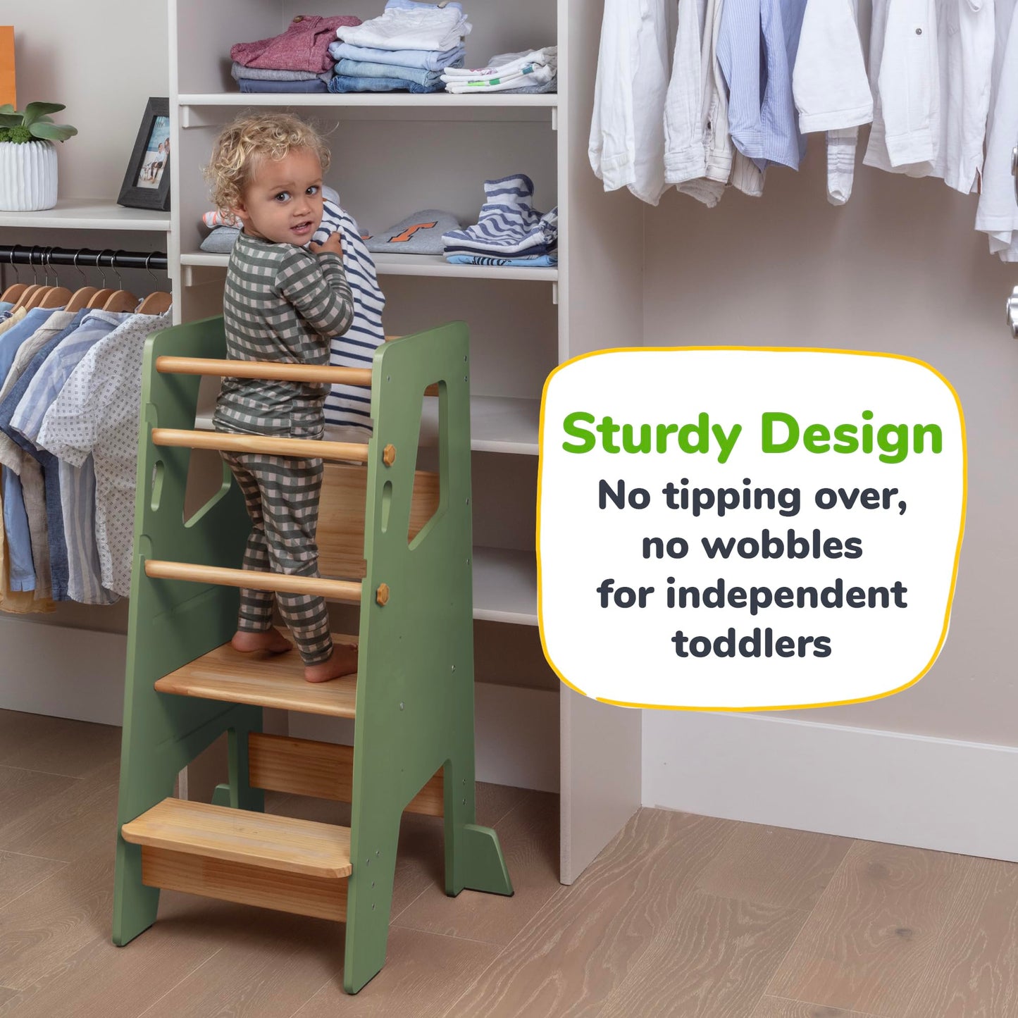 OCODILE Toddler Standing Tower - Adjustable Height Toddler Kitchen Stool Helper - Ideal Kids Kitchen Step Stool for Learning New Skills - Extra Secure with Safety Feet - Green