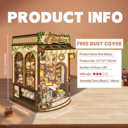 IBOHEYE Mini Book Nook Kit,DIY Miniature House kit,3D Puzzle Dollhouse Bookshelf Decor,Store Theme Booknook with LED Light Dust Cover,Gifts for Adults Teens and Beginners- Bear Bakery(SQ-65)