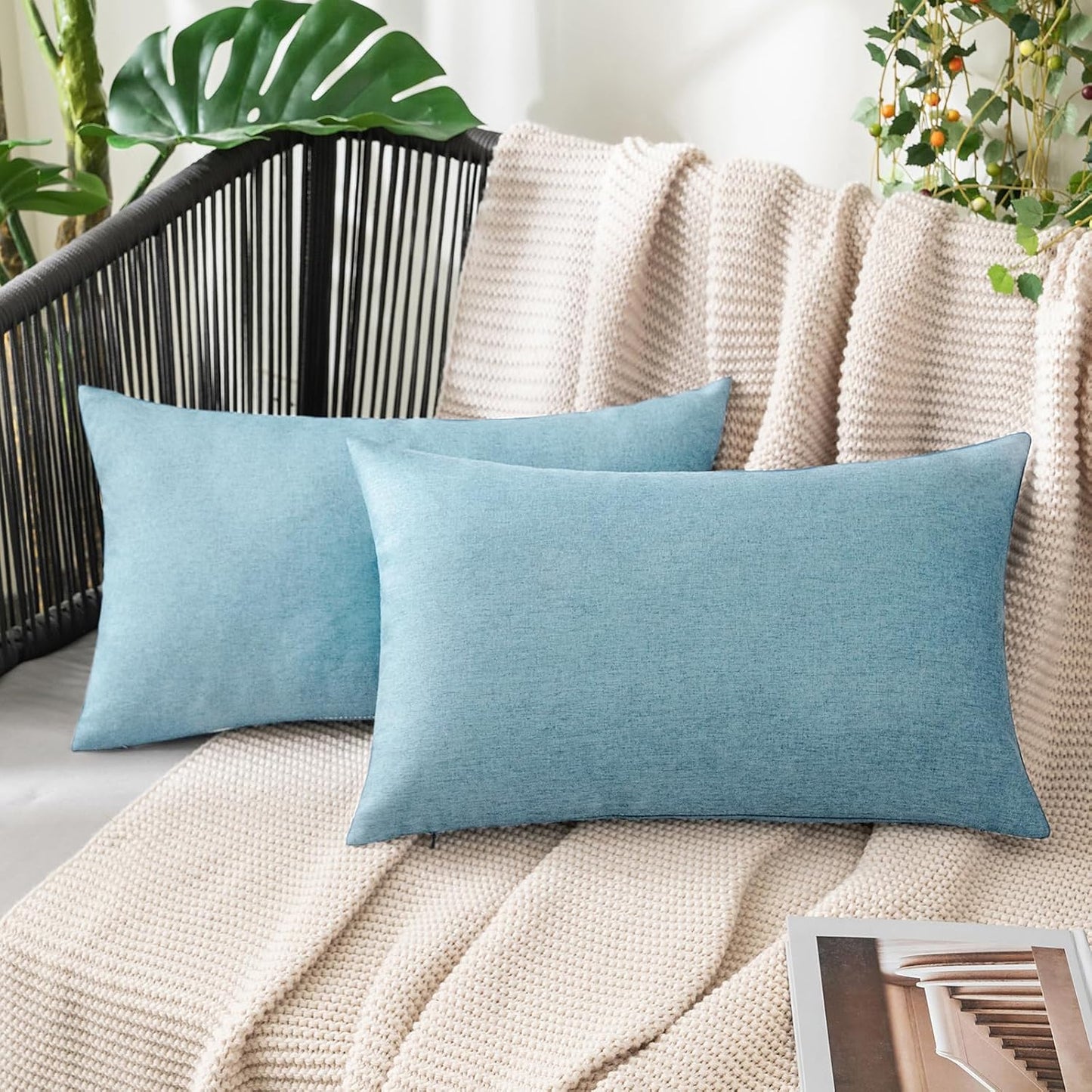 MIULEE Decorative Outdoor Throw Pillow Covers - Waterproof Faux Linen Cushion Cases | 20x12 Inch Blue Gray (Pack of 2)