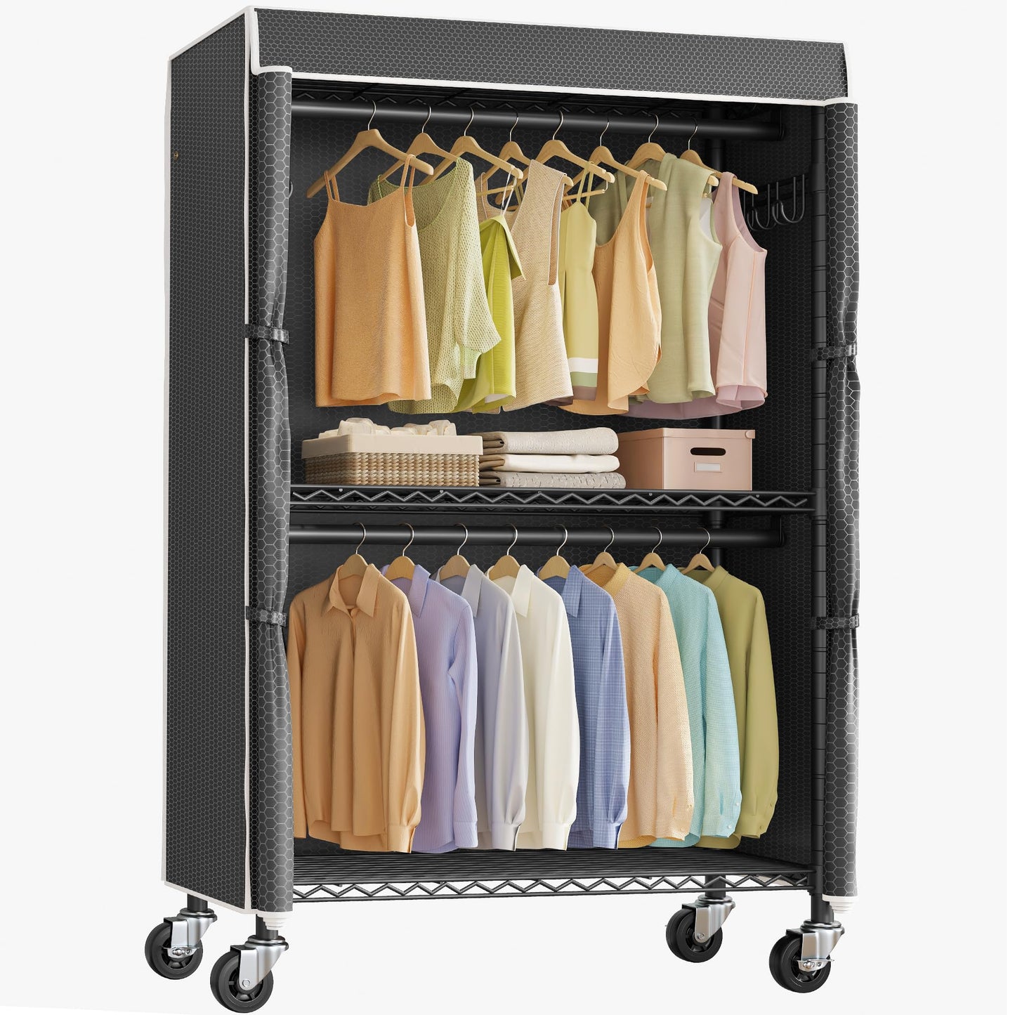 VIPEK R2C Heavy Duty Rolling Garment Rack with Cover, Portable Closets with Double Rods & Lockable Wheels, Covered Clothing Rack for Hanging Clothes, Black Rack with Black Upgraded Polyester Cover