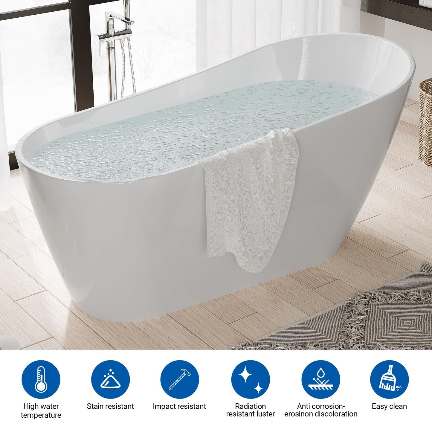 GarveeHome 67'' Acrylic Freestanding Bathtub, Deep Soaking Tub, Non-Slip Upright Bathtub for Adults, cUPC Certified Bath, Chrome Drain, Modern, Bathroom, Scratch Resistant White Tub