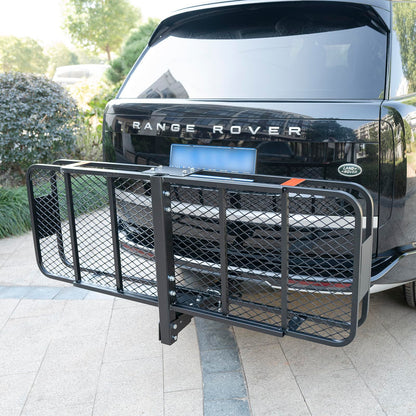 60x 20x 6 Folding Trailer Hitch Mount Cargo Carrier with 58x24x19 Waterproof Bag, Stabilizer, Net & Straps 500LBS Capacity, Powder Coating Luggage Rack Basket Car Storage, Fits 2" Receiver