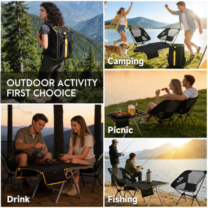 Vocpuli Camping Backpack - Aviation Aluminum Table Frame + 2 Folding Camping Chairs,+ Convertible Backpack Tabletop, Quick Setup&Portable,Camping Gear,Gifts for Camping, Picnic, Beach (Black)