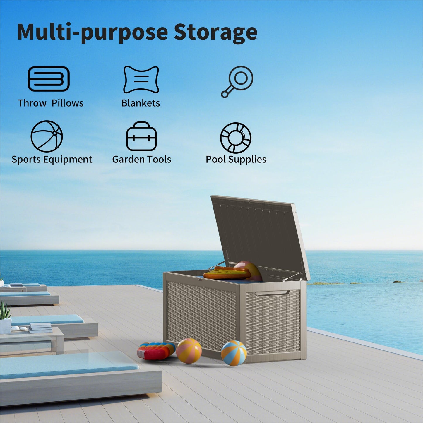 Decksplore 320 Gallon Outdoor Storage Box Patio Deck Box Waterproof, Resin Lockable Outside Large Storage Bin for Pool Cushion Furniture, Garden Tools UV-Resistant, Grey