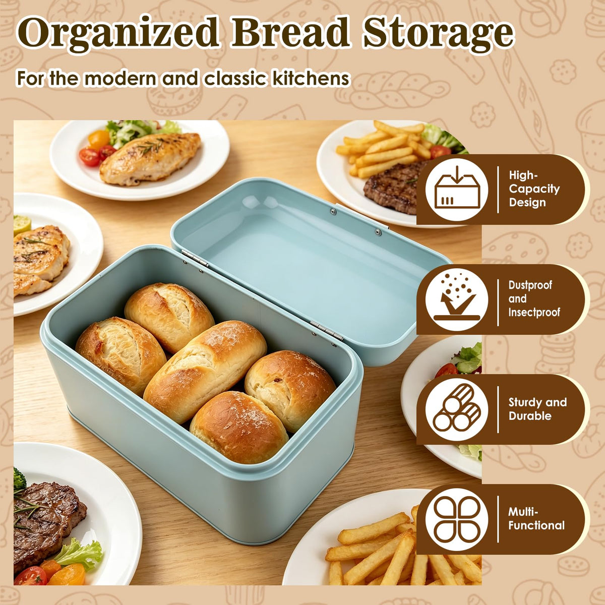 Buachois Large Bread Box,Iron Bread Box with Lid,Metal Bread Storage Bin,Bread Keeper Container,Bread Containers Storage,Modern Solid Color Retro Style,for Kitchen Counter (B)