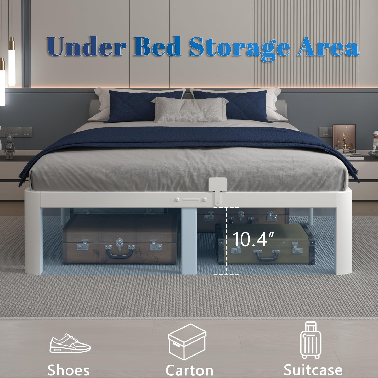 KOSOSO 12 Inch White Full Size Bed Frame with Baffles, Metal Full Bed Frame No Box Spring Need, Heavy Duty Steel Platform Support, Reserved Holes, Round Corner Legs, Storage Space, Noiseless