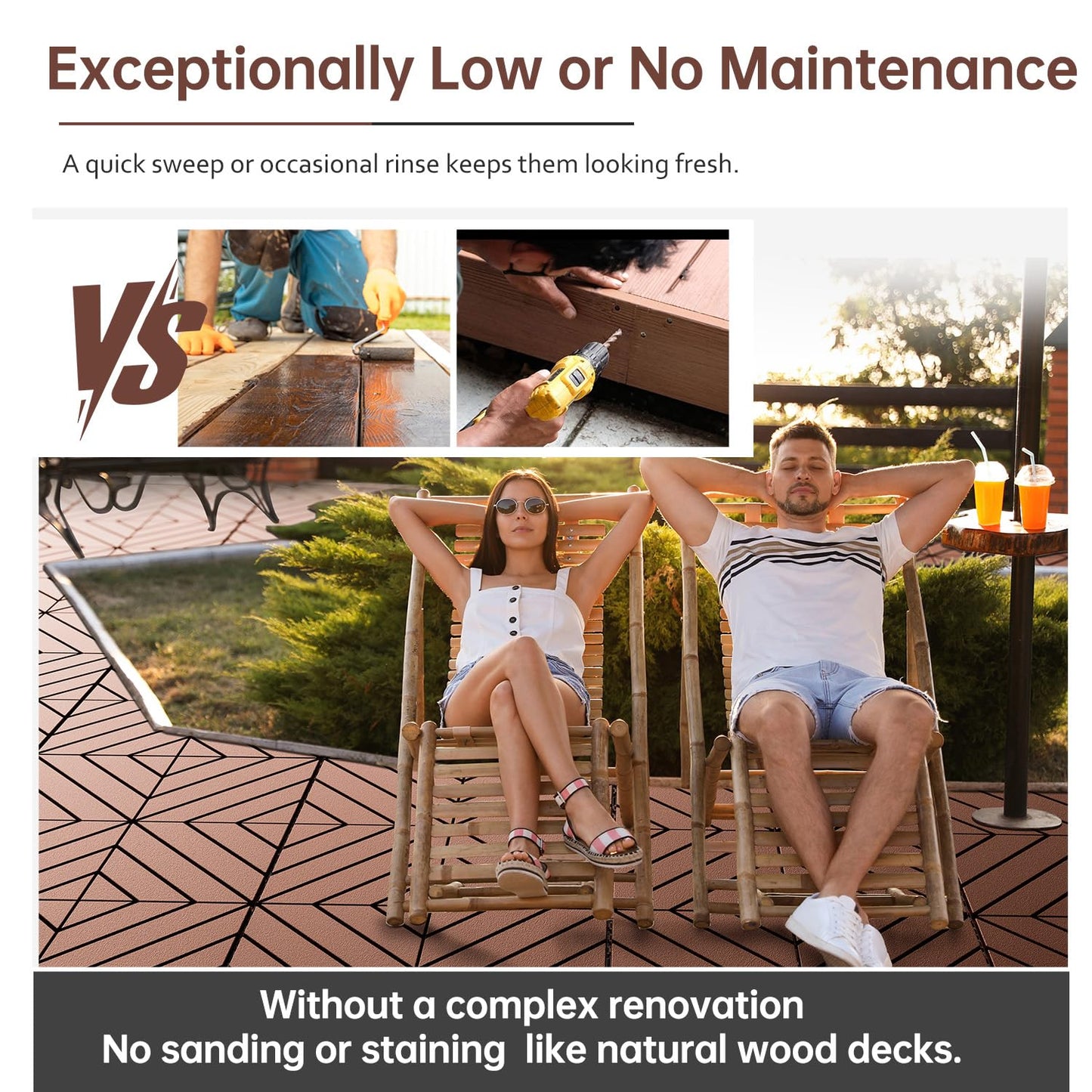 EchoDeck Interlocking Deck Tiles,44 Pack Deck Tiles Interlocking Outdoor All Weather,Patio Deck Tiles,12"x12",Diagonal,Sturdy Base,Highly Durable,Stylish,Non-Slip,Faster-Drying,Efficient,Brown