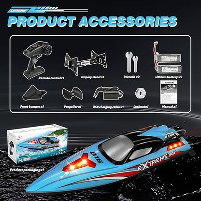 34+MPH Brushless RC Boat for Adults &amp Kids with 2 Rechargable Batteries- Large 19” Remote Control Boat Toy HJ816 Rc Speed Boats for Lakes &amp Rivers (Cyan)