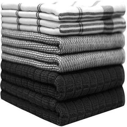 Premium Kitchen Towels (20”x 28”, 6 Pack) | Large Cotton Dish Towels | Flat & Terry Highly Absorbent Kitchen Linen Set with Hanging Loop | Black Check