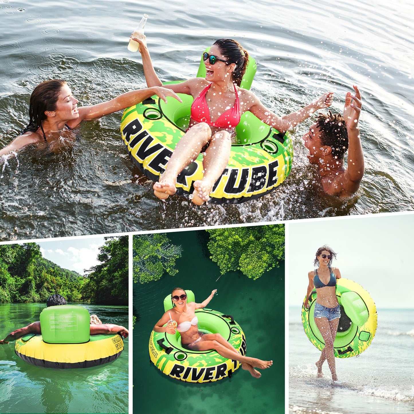 53" Heavy Duty River Tube for Floating with Canvas Cover, 2 Pack Tubing Floats for Lake Pool, Inflatable Water Tube for Floating with Cup Holder Handle Headrest, River Raft Carry 600lb of Adults