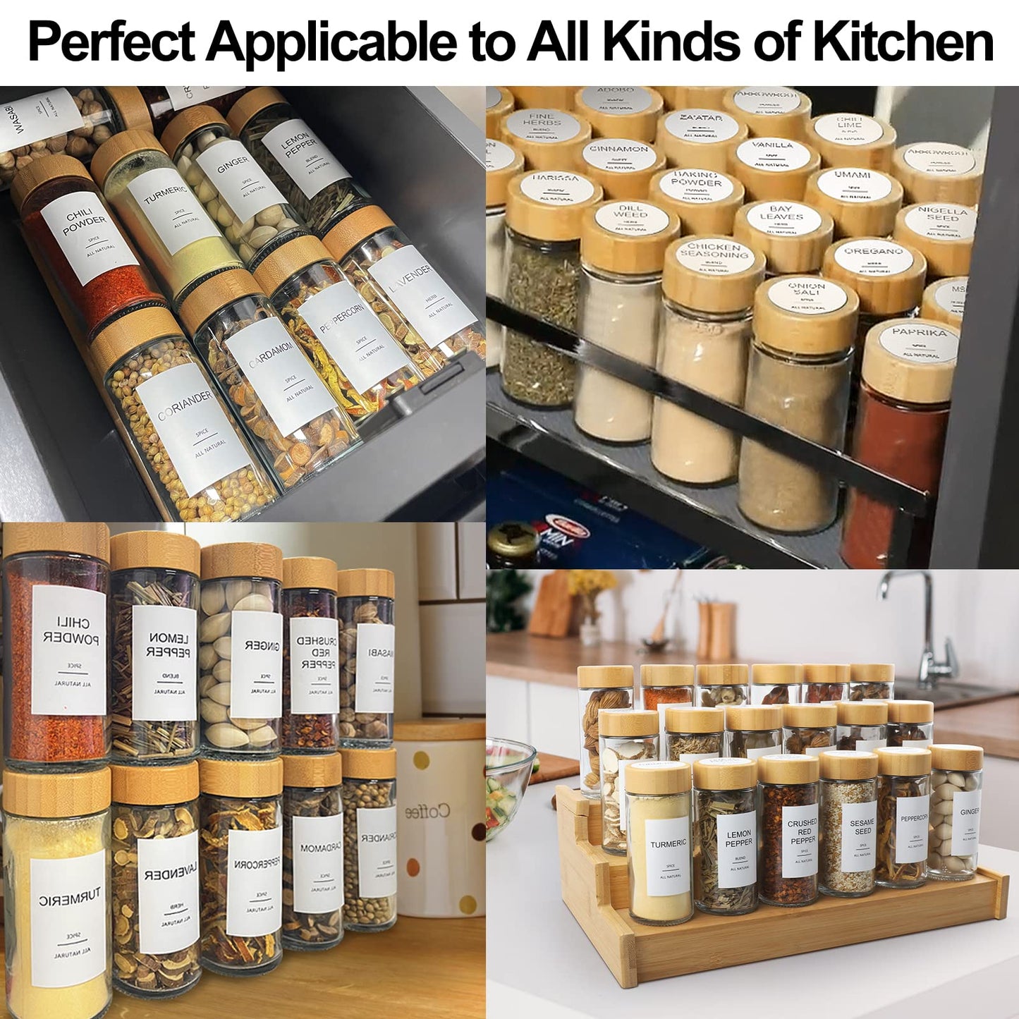 AISIPRIN Glass Spice Jars with 398 Labels, 24 pcs 4oz Spice Containers with Bamboo Lids, Square Spice Bottles With Shaker Lids,Spice Organization for Cabinet,Drawer,Rack,Seasoning Organizer