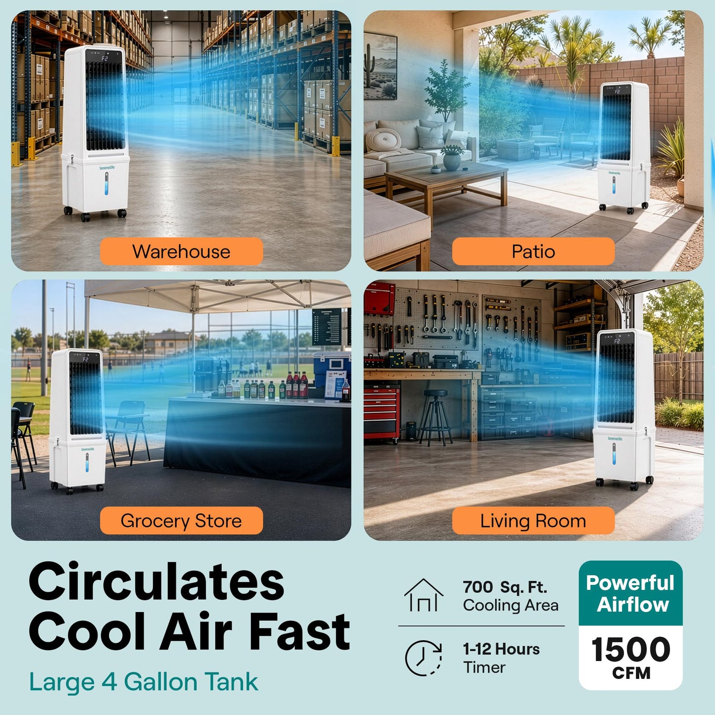 SereneLife Evaporative Air Cooler with 15 L Detachable Water Tank, Air Cooler with 1500 CFM Cooling Power, Indoor Outdoor Oscillating System with Wheels, Remote & Ice Packs, (Black & White)
