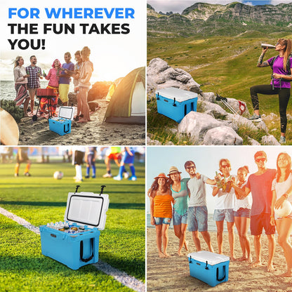 35 Quart Portable Cooler Box - Lightweight Heavy-Duty Travel Ice Cooler with 2-Way Handles, Drain - 5 Days Ice Retention, Holds 63 12-Ounce Cans & 2-Liter Bottles - SereneLife SLCB35BL (Blue)